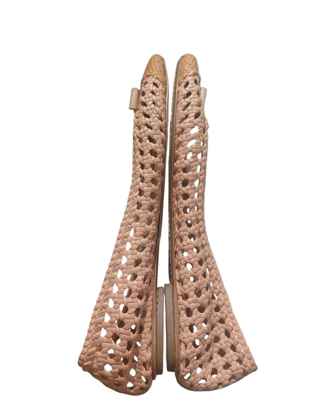 Tory Burch Carlyle Woven Bow Soft Pink Ballet Flats With Tan Cap Toes Sz 11
